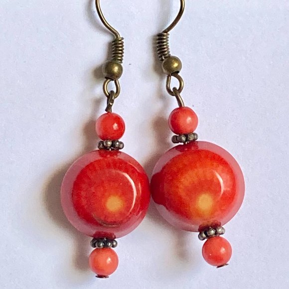 Vintage Art Glass Bead Earrings Coral Red Orange Hand Made Bronze Plated - Picture 5 of 16